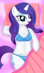 Size: 3654x6035 | Tagged: absurd resolution, anthro, arm hooves, artist:stillfire, bed, bedroom eyes, belly button, bra, bra on pony, breasts, busty rarity, cleavage, clothes, female, panties, pinup, rarity, solo, solo female, suggestive, underwear, vector