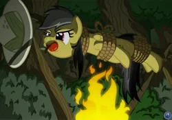 Size: 5000x3500 | Tagged: adventure, apple, apple gag, artist:template93, bondage, bound wings, commission, cooked alive, cooking, cooking vore, daring do, derpibooru import, fire, forest, gag, hat, jungle, literal spitroast, peril, pony as food, roast, rope, safe, solo, suspended, sweat, tied up