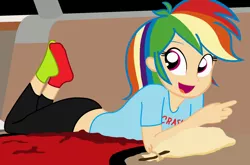 Size: 1922x1266 | Tagged: safe, artist:garretthegarret, derpibooru import, rainbow dash, comic:caught in the storm, equestria girls, clothes, human coloration, legs in air, mismatched socks, missing shoes, prone, socks, solo