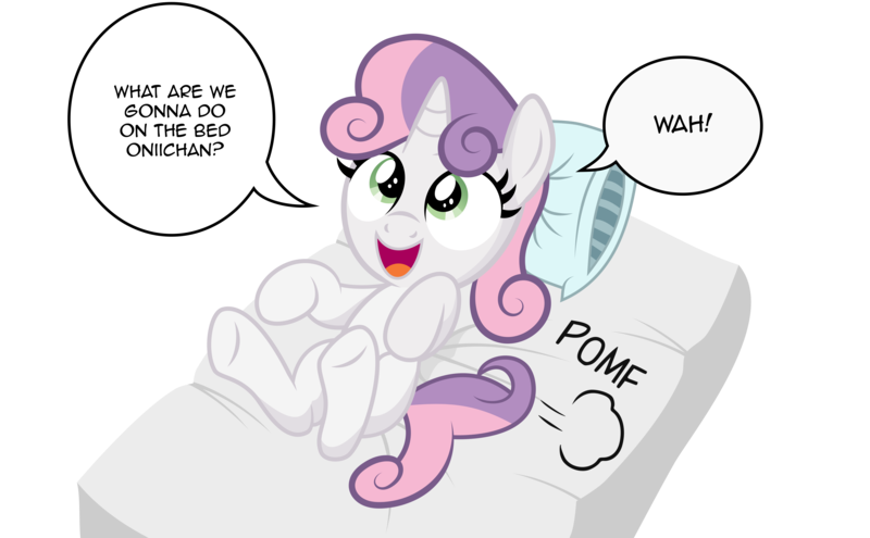 Size: 6000x3709 | Tagged: absurd resolution, artist:medio-cre, bed, on back, oniichan, open mouth, pillow, pomf, safe, simple background, smiling, solo, speech bubble, sweetie belle, transparent background, underhoof