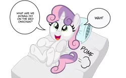 Size: 6000x3709 | Tagged: absurd resolution, artist:medio-cre, bed, on back, oniichan, open mouth, pillow, pomf, safe, simple background, smiling, solo, speech bubble, sweetie belle, transparent background, underhoof