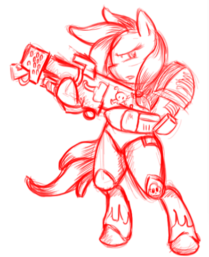 Size: 416x510 | Tagged: artist needed, safe, derpibooru import, oc, oc:safe haven, unofficial characters only, pony, bipedal, flamer, monochrome, power armor, powered exoskeleton, solo, space marine, warhammer (game), warhammer 40k