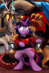 Size: 573x850 | Tagged: safe, artist:kenket, artist:spainfischer, derpibooru import, discord, twilight sparkle, twilight sparkle (alicorn), alicorn, pony, captain picard, clothes, cosplay, crossover, fangs, female, jean-luc picard, mare, painting, q, sitting, star trek, star trek: the next generation, traditional art, unsure