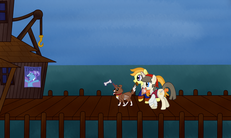 Size: 2500x1500 | Tagged: artist:fetchbeer, bone, derpibooru import, elaine marley, everyone is an alicorn, guybrush threepwood, melee island, monkey island, ponified, safe, scumm bar, trixie, walking, winona