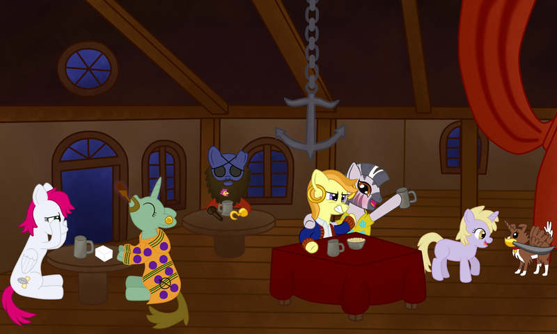 Size: 5000x3000 | Tagged: artist:fetchbeer, derpibooru import, dinky hooves, drunk, everyone is an alicorn, grog, guybrush threepwood, monkey island, mouth hold, oc, pirate, ponified, safe, scootachicken, scumm bar, winona