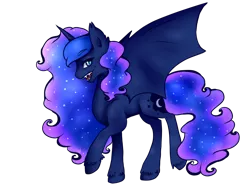 Size: 1024x768 | Tagged: safe, artist:saoiirse, derpibooru import, princess luna, alicorn, bat pony, bat pony alicorn, pony, fangs, looking at you, lunabat, missing accessory, moonbat, open mouth, race swap, simple background, smiling, solo, spread wings, unshorn fetlocks