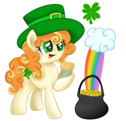 Size: 763x736 | Tagged: safe, artist:autumn-dreamscape, derpibooru import, oc, unofficial characters only, earth pony, pony, cloud, clover, drink, female, four leaf clover, freckles, happy, hat, mare, mug, pot, pot of gold, rainbow, saint patrick's day, simple background, solo, transparent background