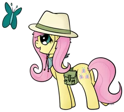 Size: 1000x901 | Tagged: artist:chibi95, butterfly, clothes, derpibooru import, explorer outfit, fluttershy, saddle bag, safe, simple background, solo, transparent background