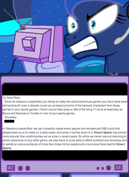 Size: 562x768 | Tagged: safe, derpibooru import, princess luna, gamer luna, angry, exploitable meme, meme, obligatory pony, rareware, text, tv meme