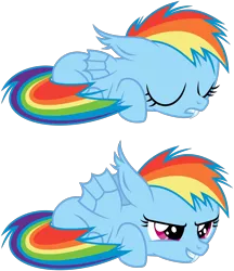 Size: 1250x1448 | Tagged: safe, artist:imageconstructor, derpibooru import, rainbow dash, bat pony, pony, bat ponified, cute, dashabetes, fangs, filly, filly rainbow dash, race swap, rainbowbat, simple background, sleeping, solo, svg, transparent background, vector, younger