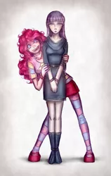 Size: 663x1046 | Tagged: artist:e-kate98, clothes, dead source, derpibooru import, hug, hug from behind, human, humanized, maud pie, maud pie (episode), pinkie pie, safe, socks, striped socks