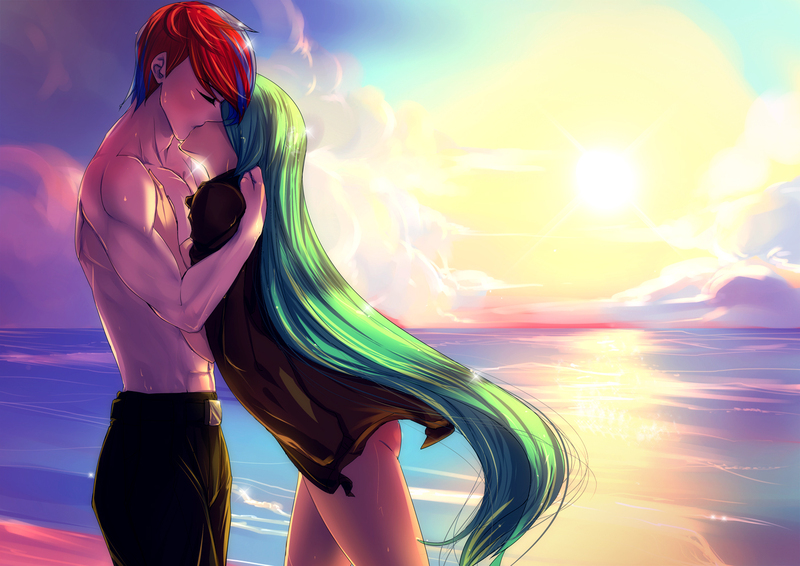 Size: 1400x990 | Tagged: suggestive, artist:bakki, derpibooru import, queen chrysalis, oc, human, beach, breasts, canon x oc, female, humanized, kissing, male, ocean, straight, sunset