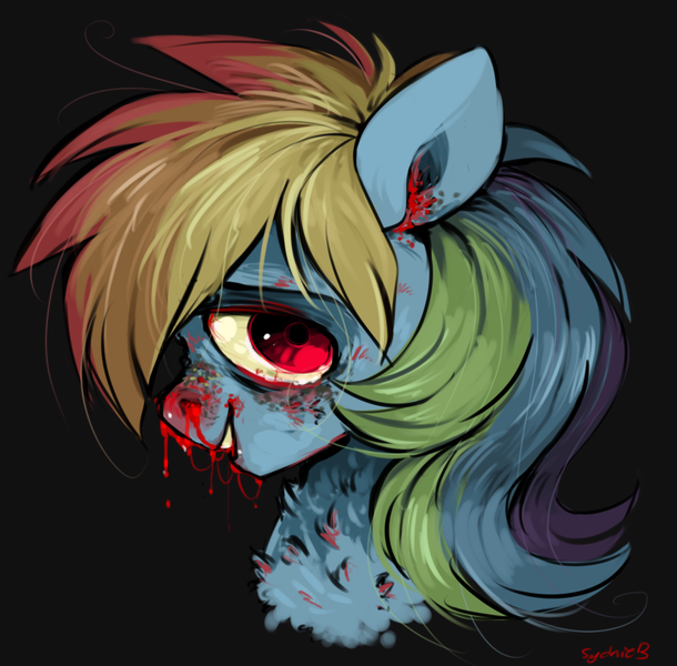 Size: 908x893 | Tagged: artist:xenon, blood, derpibooru import, grimdark, rainbow dash, sick, solo