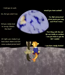 Size: 939x1071 | Tagged: artist:fetchbeer, crossover, derpibooru import, dialogue, doctor whooves, earth, guybrush threepwood, monkey island, moon, oc, planet, ponified, safe, space, text, time turner, to the moon