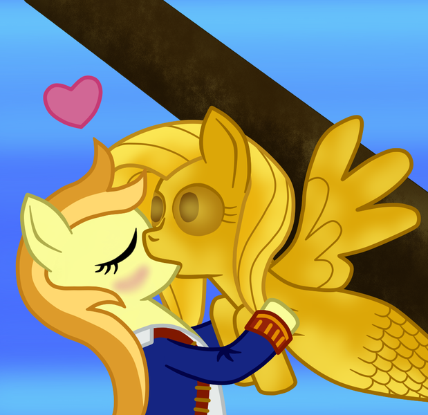 Size: 1000x969 | Tagged: artist:fetchbeer, crossover, derpibooru import, figurehead, fluttershy, guybrush threepwood, implied lesbian, kissing, merpony, monkey island, pervert, ponified, pun, statue, suggestive, visual pun