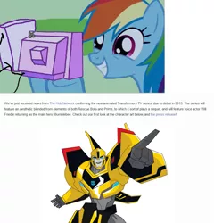 Size: 967x1007 | Tagged: bumblebee, derpibooru import, exploitable meme, meme, obligatory pony, rainbow dash, safe, transformers, transformers prime sequel, transformers robots in disguise, transformers robots in disguise (2015), tv meme