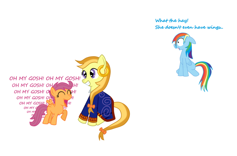 Size: 2037x1345 | Tagged: safe, artist:fetchbeer, derpibooru import, rainbow dash, scootaloo, ponified, crossover, guybrush threepwood, monkey island, obsession, simple background