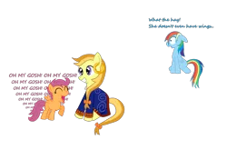 Size: 2037x1345 | Tagged: safe, artist:fetchbeer, derpibooru import, rainbow dash, scootaloo, ponified, crossover, guybrush threepwood, monkey island, obsession, simple background