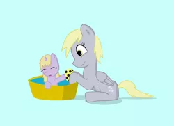 Size: 1050x761 | Tagged: dead source, safe, artist:sawsta, derpibooru import, derpy hooves, dinky hooves, pegasus, pony, bath, crying, female, mare