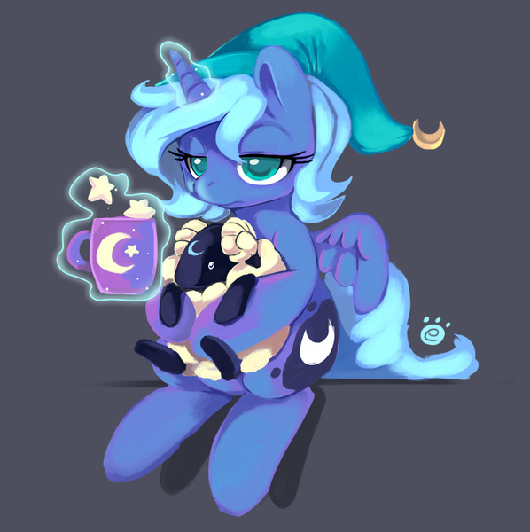 Size: 747x749 | Tagged: animal, artist:ende26, cute, derpibooru import, filly, hat, magic, mug, nightcap, plushie, princess luna, safe, sheep, sitting, woona