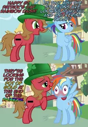 Size: 1115x1600 | Tagged: suggestive, artist:boneswolbach, artist:nightmaremoons, derpibooru import, rainbow dash, oc, oc:pun, earth pony, pony, ask pun, 2 panel comic, alternate hairstyle, ask, blushing, blushing profusely, comic, dirty joke, female, hat, holiday, joke, mare, pomf, pun, saint patrick's day, spread wings, tumblr, wingboner, wings