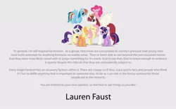 Size: 960x600 | Tagged: alicorn, applejack, derpibooru import, fluttershy, lauren faust, mane six, motivational, oc, oc:fausticorn, pinkie pie, quote, rainbow dash, rarity, safe, text, twilight sparkle, word of faust