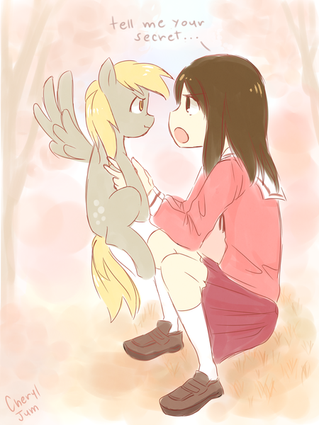 Size: 1350x1800 | Tagged: safe, artist:cheryl-jum, derpibooru import, derpy hooves, human, pony, azumanga daioh, crossover, cute, derpabetes, holding a pony, kasuga ayumu, osaka, scrunchy face, tell me your secrets