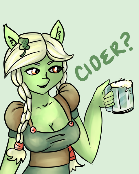 Size: 2400x3000 | Tagged: suggestive, artist:rainbowsprinklesart, derpibooru import, granny smith, anthro, earth pony, alcohol, alternate hairstyle, apple cider, beverage, braid, breasts, busty young granny smith, cleavage, clothes, clover, female, four leaf clover, holiday, mare, saint patrick's day, smiling, solo, solo female, tankard, young granny smith, younger