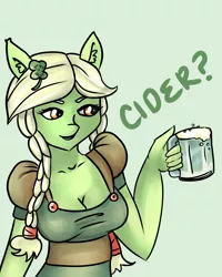 Size: 2400x3000 | Tagged: suggestive, artist:rainbowsprinklesart, derpibooru import, granny smith, anthro, earth pony, alcohol, alternate hairstyle, apple cider, beverage, braid, breasts, busty young granny smith, cleavage, clothes, clover, female, four leaf clover, holiday, mare, saint patrick's day, smiling, solo, solo female, tankard, young granny smith, younger