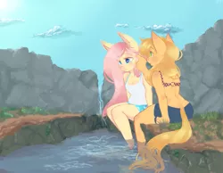 Size: 3355x2609 | Tagged: anthro, applejack, appleshy, artist:themaliciouskitty, clothes, crying, derpibooru import, female, fluttershy, lesbian, missing accessory, river, safe, shipping, tanktop