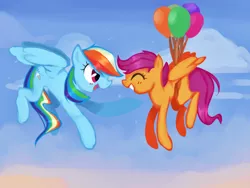 Size: 1400x1050 | Tagged: safe, artist:omeow, derpibooru import, rainbow dash, scootaloo, balloon, cute, cutealoo, eyes closed, flying, scootalove