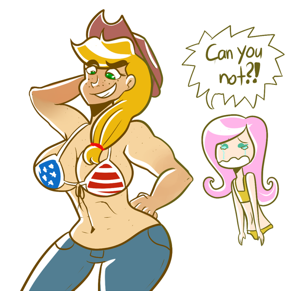 Size: 900x906 | Tagged: american flag, american flag bikini, amerijack, applejack, artist:php52, belly button, bikini, bikini top, breast envy, breasts, busty applejack, clothes, delicious flat chest, derpibooru import, dialogue, farmer's tan, female, flag bikini, flattershy, fluttershy, human, humanized, jeans, light skin, murica, observer, request, suggestive, swimsuit, tan lines, united states, wavy mouth