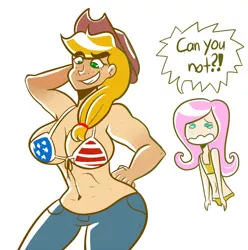 Size: 900x906 | Tagged: american flag, american flag bikini, amerijack, applejack, artist:php52, belly button, bikini, bikini top, breast envy, breasts, busty applejack, clothes, delicious flat chest, derpibooru import, dialogue, farmer's tan, female, flag bikini, flattershy, fluttershy, human, humanized, jeans, light skin, murica, observer, request, suggestive, swimsuit, tan lines, united states, wavy mouth