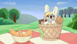 Size: 1280x731 | Tagged: safe, artist:zokkili, derpibooru import, derpy hooves, pegasus, pony, :t, basket, bunny costume, carrot, clothes, cute, derpabetes, female, mare, micro, muffin, picnic blanket, smiling, solo