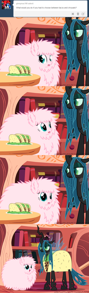 Size: 650x2125 | Tagged: artist:mixermike622, clothes, costume, derpibooru import, food costume, oc, oc:fluffle puff, queen chrysalis, safe, taco, tumblr, tumblr:ask fluffle puff