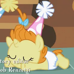 Size: 341x341 | Tagged: safe, derpibooru import, screencap, pumpkin cake, pony, baby cakes, baby, baby pony, cute, diaper, diapered, diapered filly, eyes closed, female, filly, frown, hat, one month old filly, oopsie daisy, party hat, prone, solo, white diaper