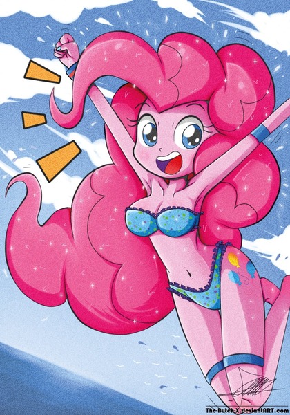 Size: 739x1055 | Tagged: suggestive, artist:the-butch-x, derpibooru import, pinkie pie, equestria girls, adorasexy, armpits, bandeau, barefoot, beach, belly button, bikini, blue swimsuit, blushing, breasts, busty pinkie pie, cleavage, clothes, cute, cutie mark, cutie mark on equestria girl, diapinkes, feet, female, frilled swimsuit, frilly, garter, happy, jumping, lace, nail polish, ocean, open mouth, polka dot swimsuit, ponk, scrunchie, sexy, solo, solo female, swimsuit, water, wet, wet hair, wristband, x summer