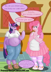 Size: 1316x1850 | Tagged: safe, artist:professordoctorc, derpibooru import, pinkie pie, twilight sparkle, anthro, unguligrade anthro, arm hooves, bbw, belly button, chubby, clothes, fat, muffin top, piggy pie, pudgy pie, twilard sparkle