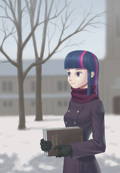 Size: 1217x1754 | Tagged: artist:dannylim86, bare tree, book, clothes, derpibooru import, gloves, human, humanized, safe, scarf, snow, solo, tree, twilight sparkle, winter