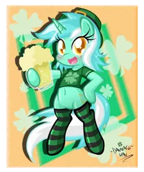 Size: 1677x2000 | Tagged: safe, artist:danmakuman, derpibooru import, lyra heartstrings, pony, alcohol, beer, belly button, bipedal, blushing, clothes, clover, female, four leaf clover, mare, saint patrick's day, socks, solo, striped socks, thigh highs