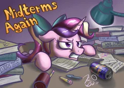 Size: 2100x1500 | Tagged: artist:flavinbagel, derpibooru import, energy drink, princess cadance, red bull, safe, solo, studying, textbooks