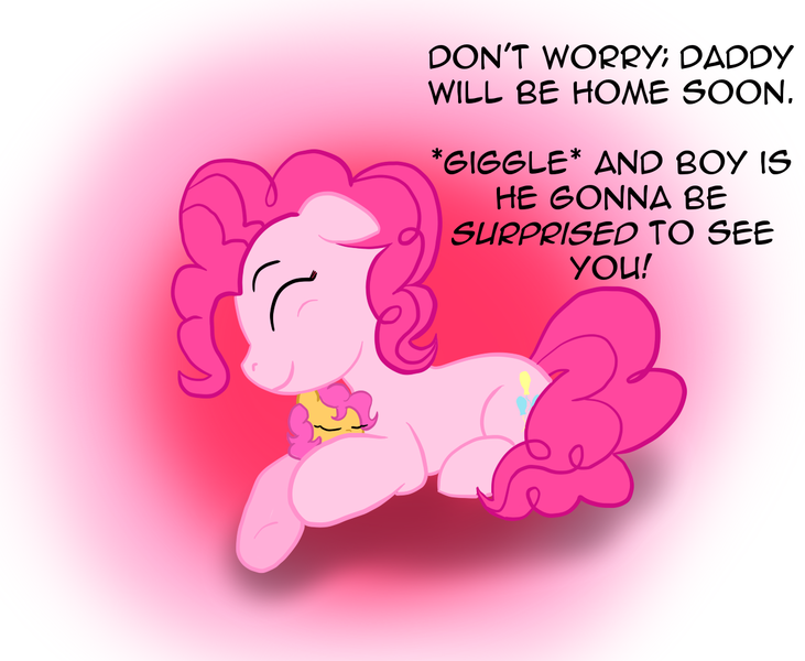 Size: 1214x997 | Tagged: artist:chipmunkfanatic, derpibooru import, dialogue, eyes closed, foal, lying down, newborn, oc, offspring, parent:cheese sandwich, parent:pinkie pie, parents:cheesepie, pinkie pie, safe, sleeping