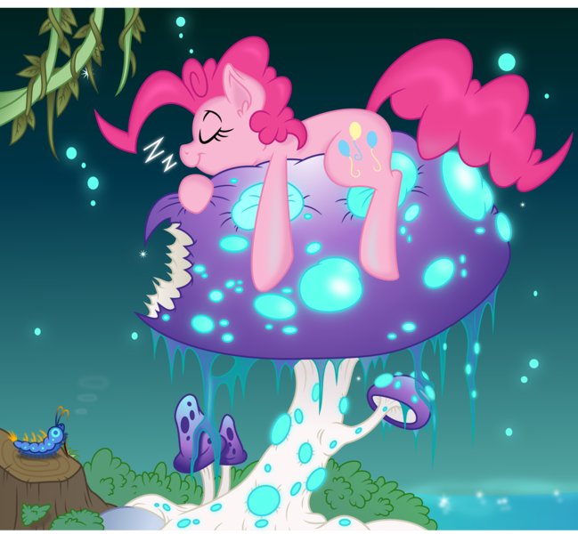 Size: 5000x4620 | Tagged: safe, artist:dfectivedvice, artist:spier17, derpibooru import, pinkie pie, caterpillar, earth pony, insect, pony, absurd resolution, alice in wonderland, colored, crossover, giant mushroom, glow, mushroom, prone, size difference, sleeping, solo