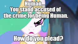 Size: 1205x681 | Tagged: safe, derpibooru import, edit, edited screencap, screencap, princess celestia, alicorn, human, pony, female, image macro, mare, meme, misanthropy, out of character, racism, solo, tyrant celestia, xenolestia