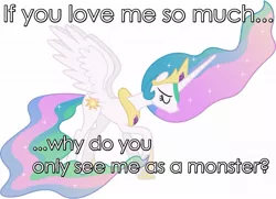 Size: 1051x761 | Tagged: safe, derpibooru import, princess celestia, alicorn, pony, background pony strikes again, bronybait, drama, eyes closed, fanon, female, frown, image macro, mare, meme, raised hoof, sad, simple background, solo, standing, text edit, walking