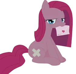 Size: 1250x1216 | Tagged: artist:verappp, bandage, bronybait, crying, derpibooru import, looking at you, love letter, mouth hold, pinkamena diane pie, pinkie pie, sad, safe, simple background, sitting, solo, transparent background, valentine, valentine's day