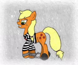 Size: 980x815 | Tagged: applejack, artist:porcelainparasite, ball and chain, clothes, derpibooru import, prison outfit, safe, solo