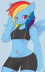 Size: 750x1200 | Tagged: anthro, artist:fluttersin, belly button, bellyring, blushing, clothes, compression shorts, derpibooru import, female, midriff, pegasus, piercing, rainbow dash, safe, simple background, solo, sports bra, sports shorts, water bottle