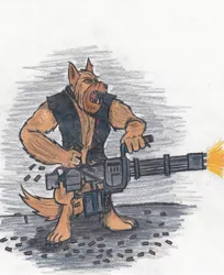 Size: 2391x2929 | Tagged: artist:zubias, beard, clothes, derpibooru import, diamond dog, fallout equestria, gun, hellhound, minigun, oc, safe, solo, traditional art, unofficial characters only