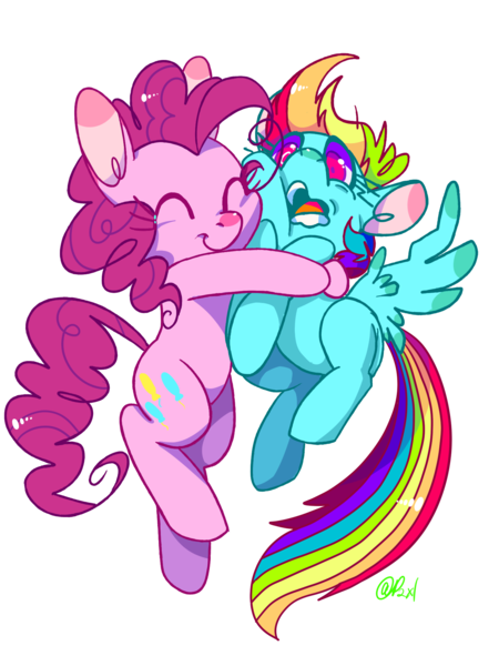 Size: 1500x2000 | Tagged: safe, artist:dannie, derpibooru import, pinkie pie, rainbow dash, crushing, eyes closed, female, hape, hug, lesbian, open mouth, pain, pinkiedash, pixiv, rubbing, shipping, smiling, spread wings, suffocating, wide eyes